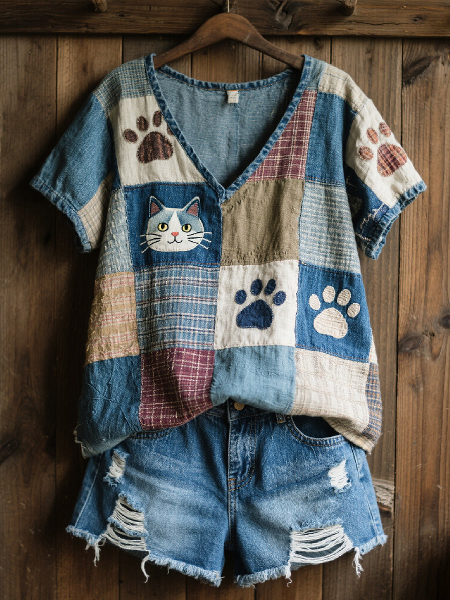 Femmes Charmant Chat Patchwork Art V-Neck Top