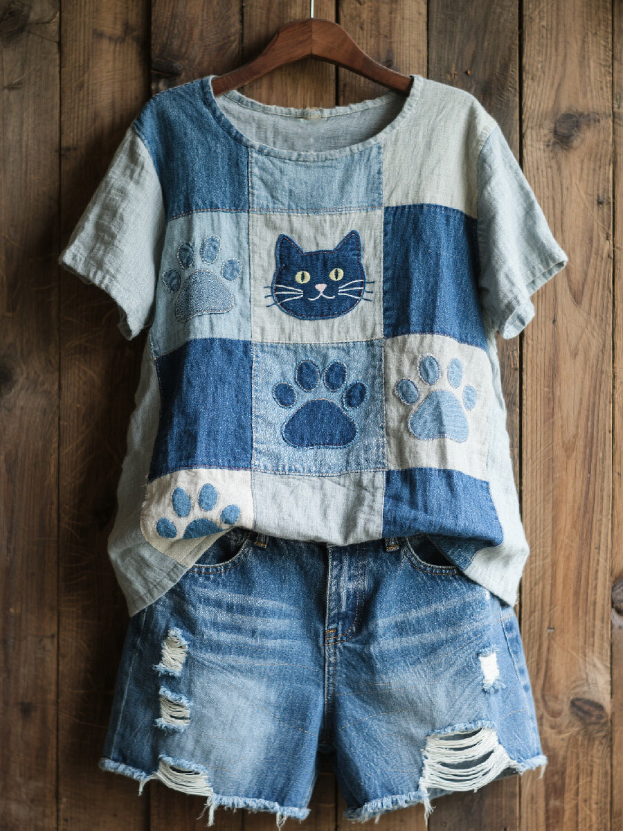 Beau modèle de chat Patchwork Art Top des femmes