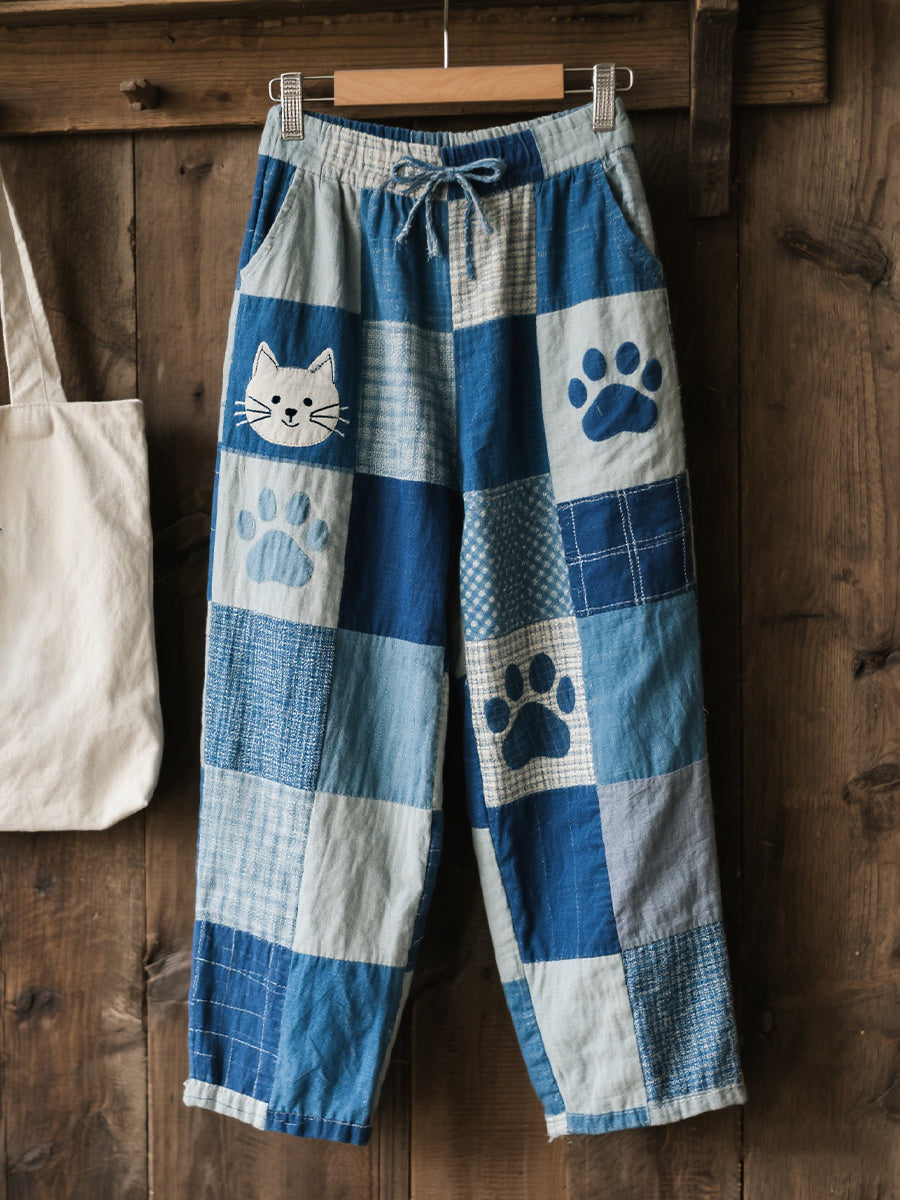 Pantalon en lin artistique patchwork à motif chat mignon pour femme