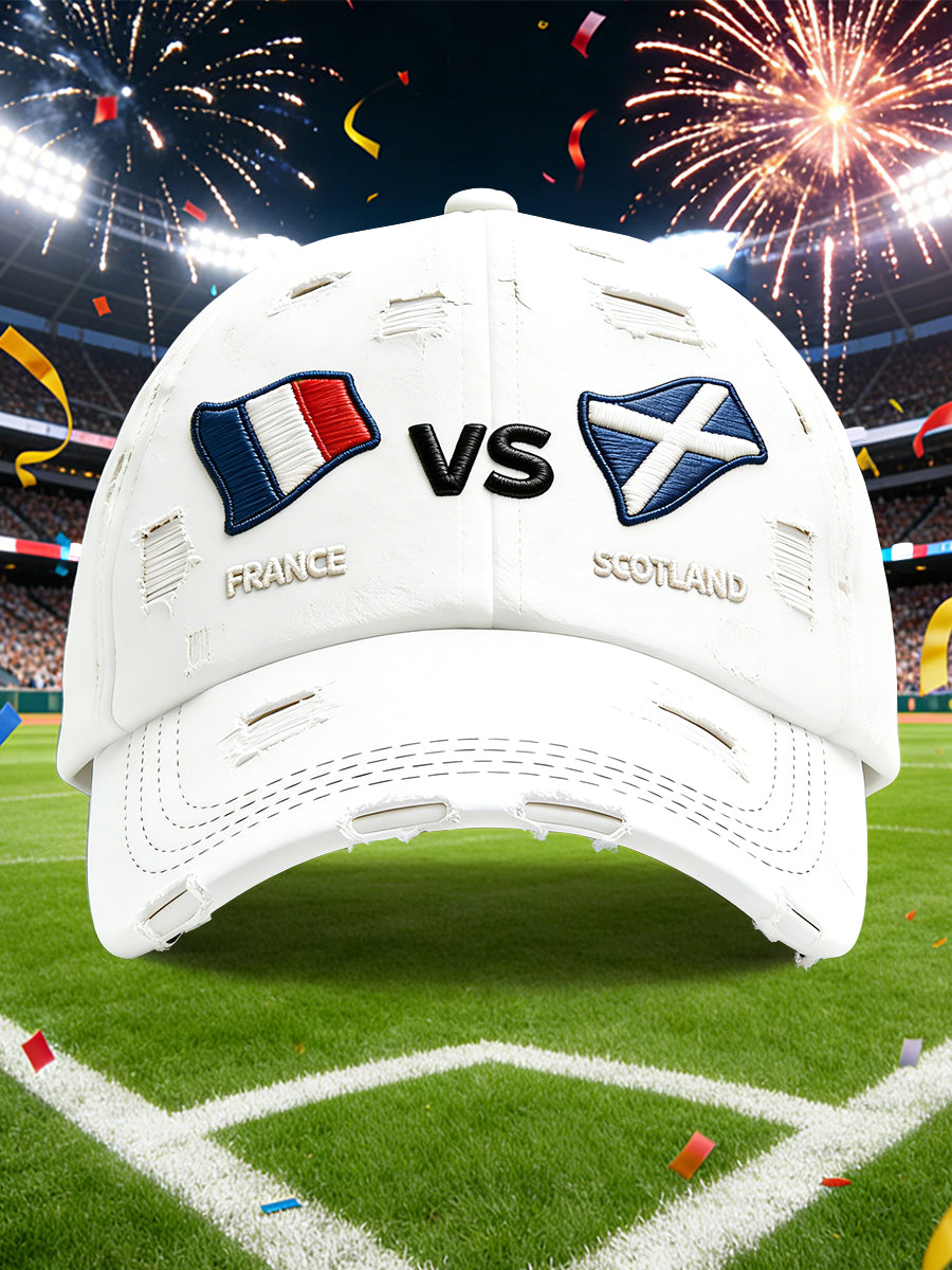 France vs Écosse Rugby Showdown-Casquette décontractée blanche imprimée en détresse
