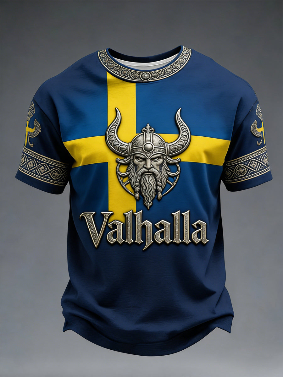T-shirt imprimé de style viking suédois Valhalla pour hommes