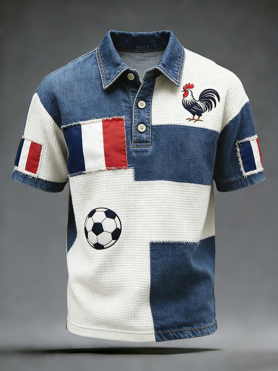 Polo décontracté rétro en patchwork de football français gaufré