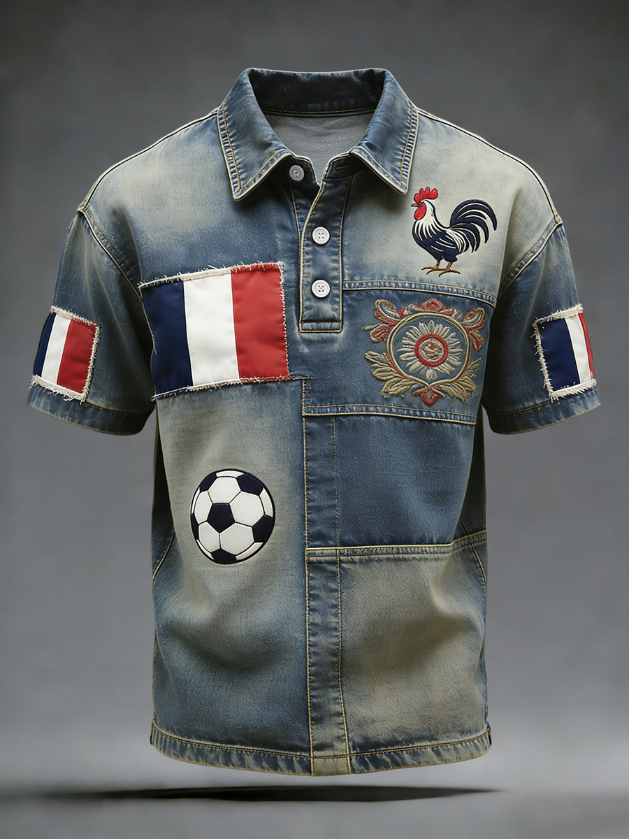 Patch drapeau de football français rétro, polo décontracté
