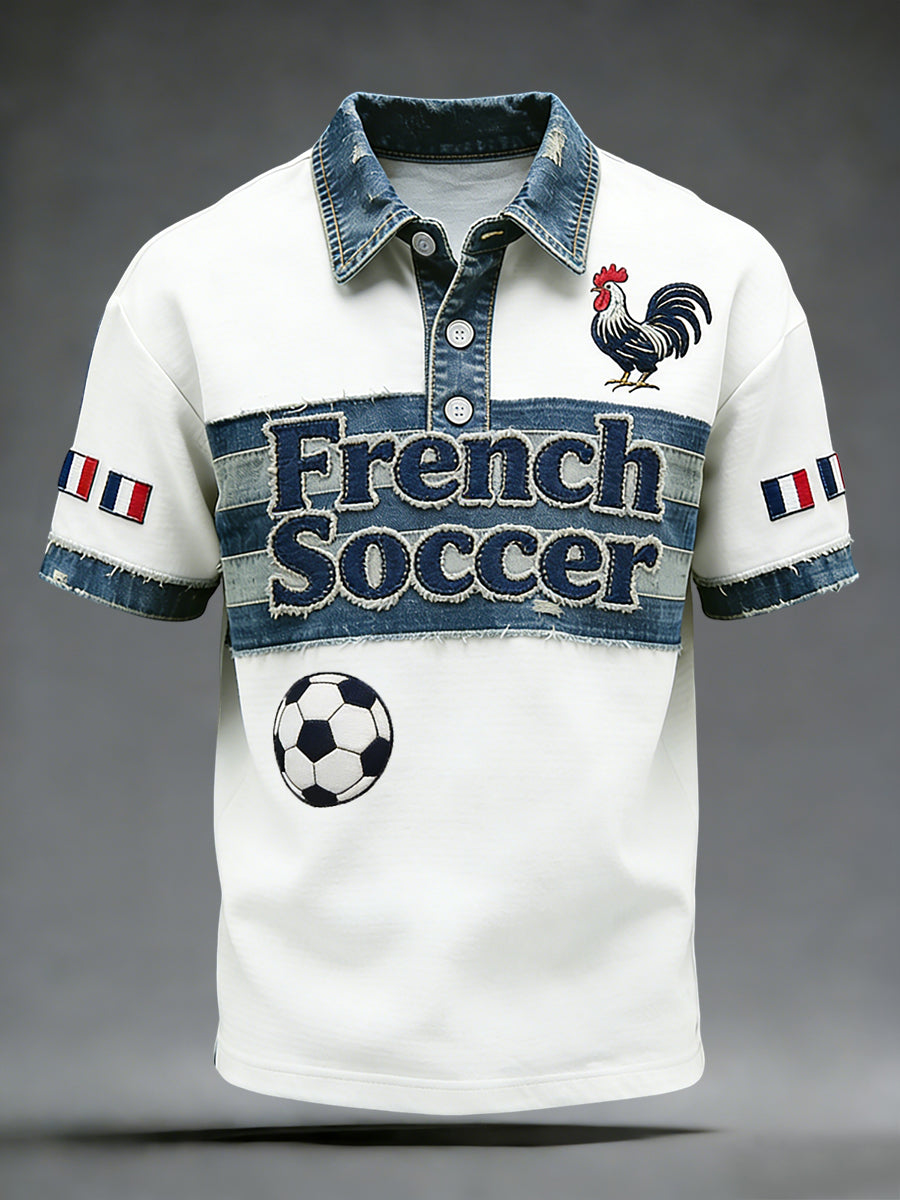 Polo décontracté rétro à rayures de football français patchwork