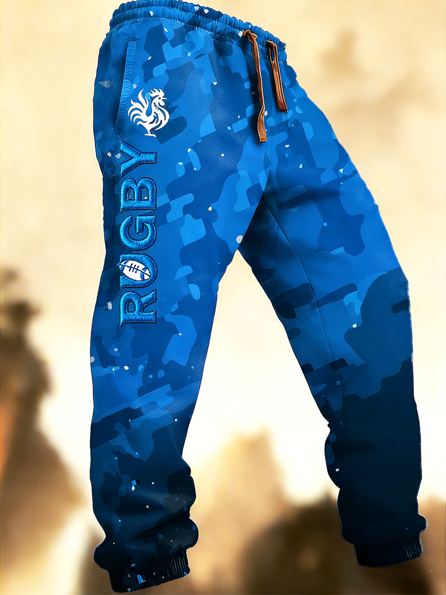 Pantalon de sport décontracté à imprimé brodé de rugby français bleu pour homme