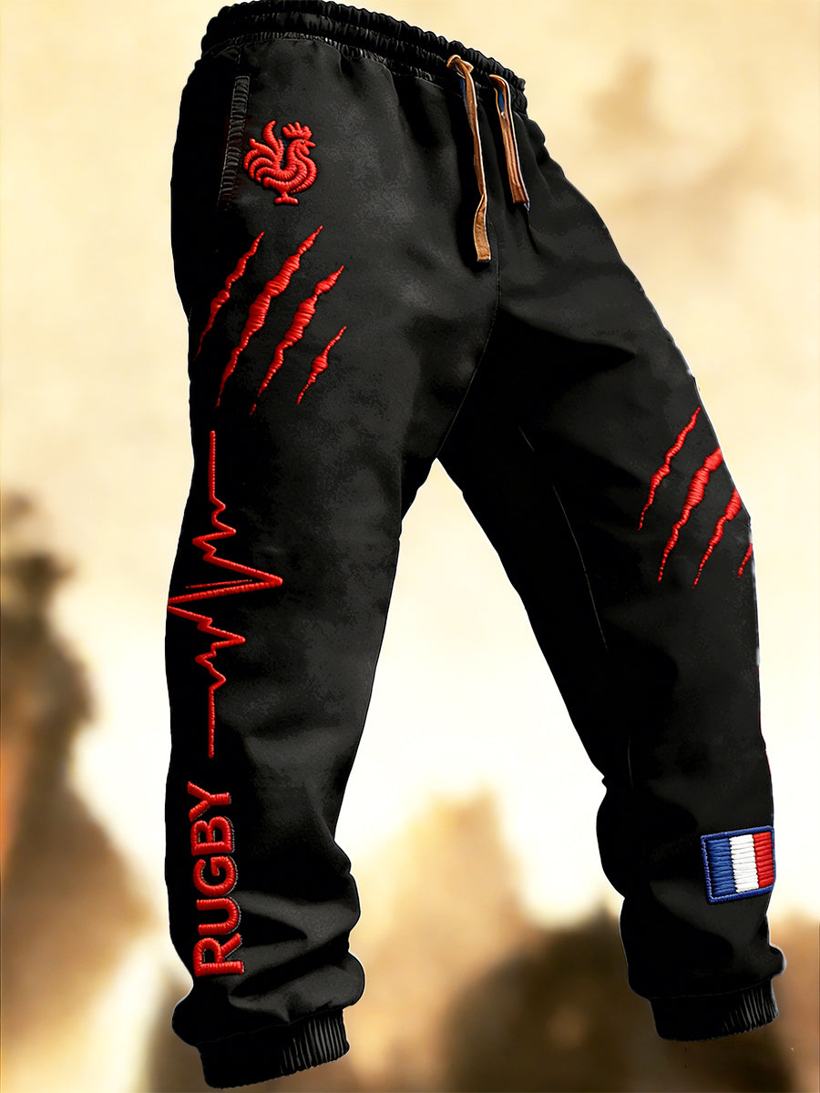 Pantalon de sport décontracté imprimé brodé 3D de rugby français pour homme