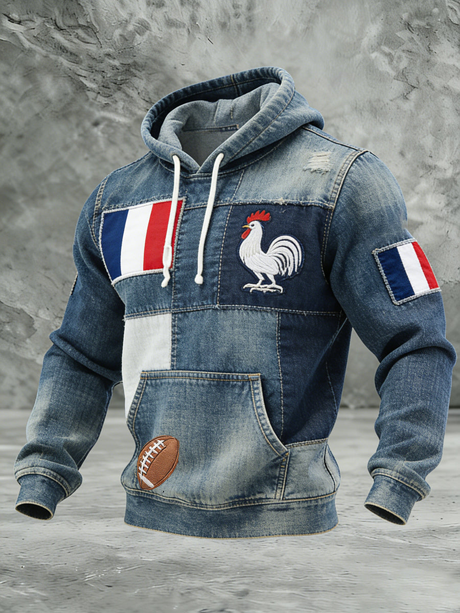 Sweat-shirt à capuche confortable en gaufre, décontracté, rétro, style rugby français