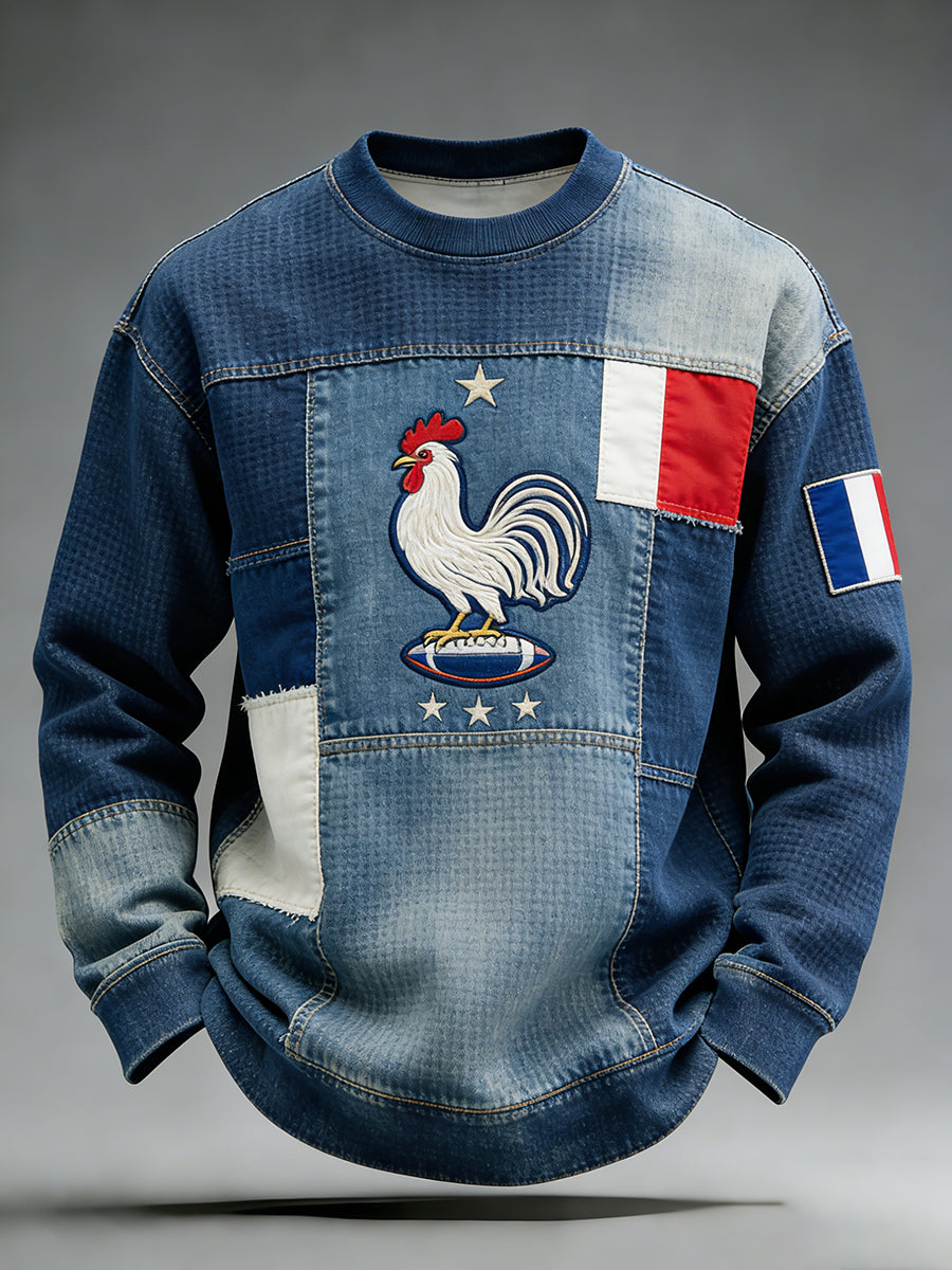 Sweat-shirt waffle décontracté rétro français de rugby