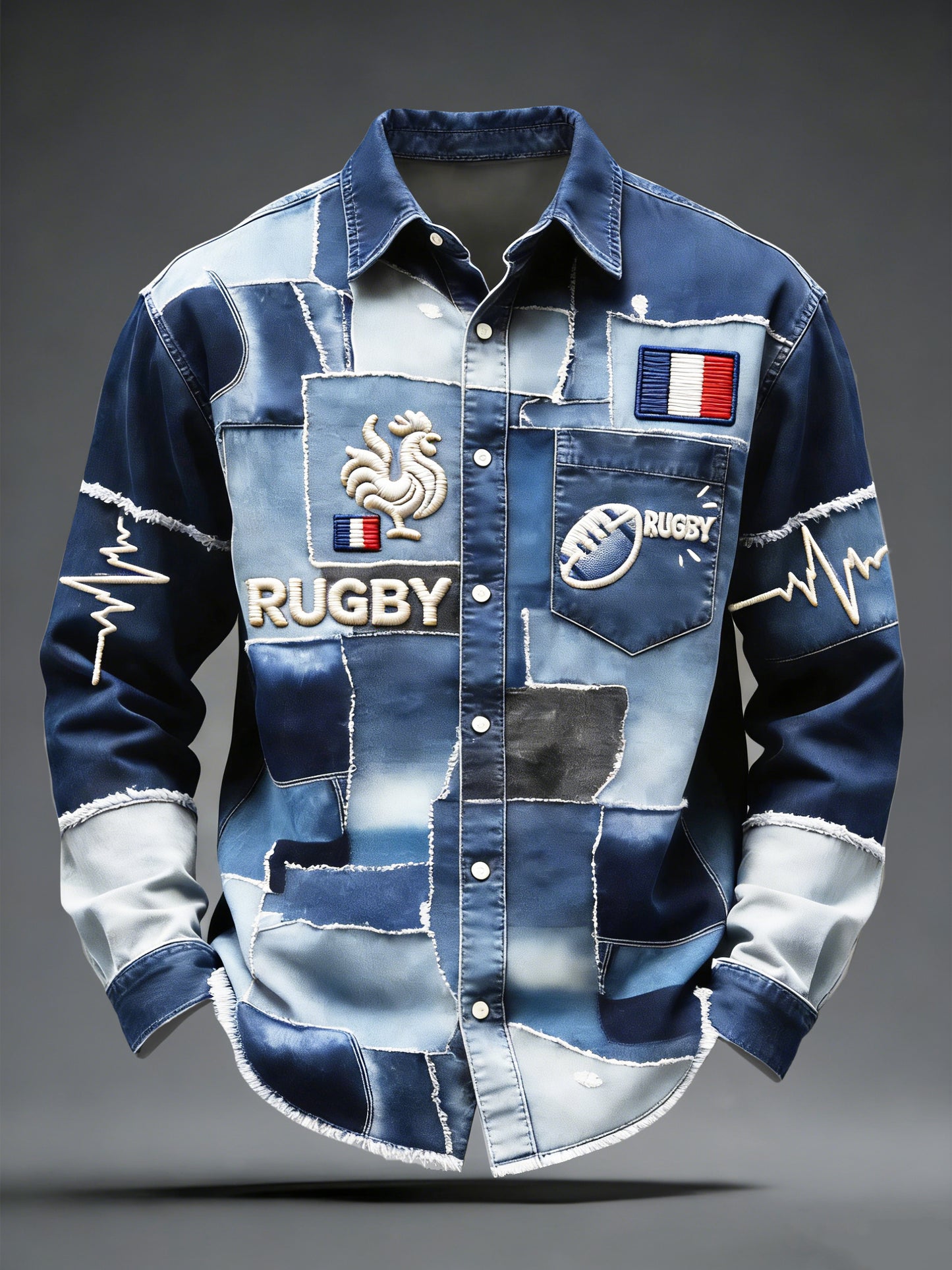 Chemise décontractée à imprimé patchwork en denim inspiré du rugby français pour homme