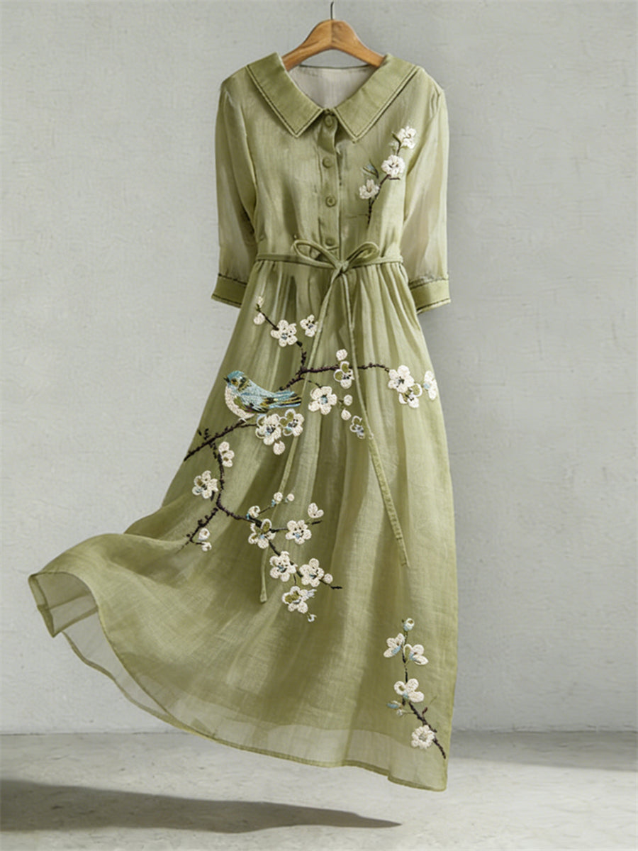 Floral et oiseau broderie motif lin mélange robe des femmes