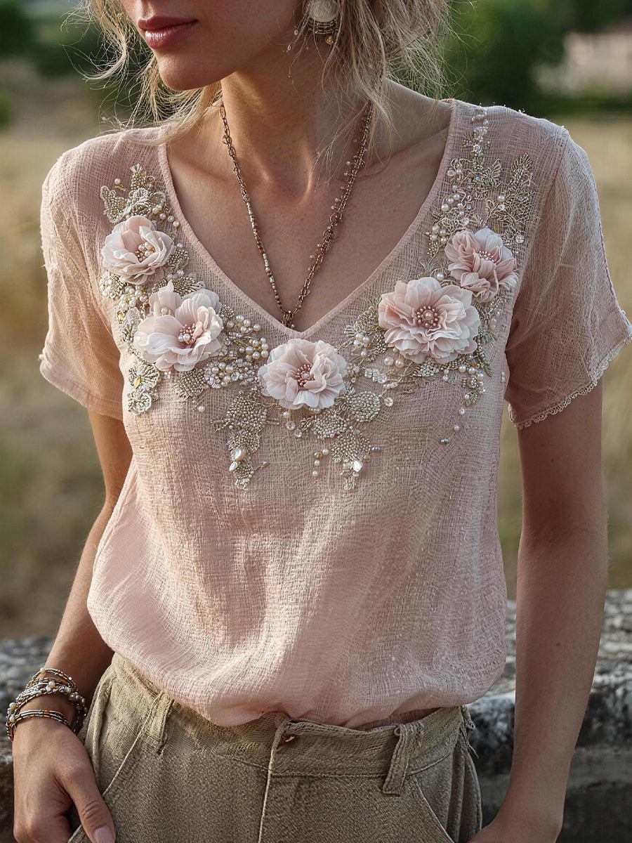 Chemise en mélange de lin à motif floral pour femmes