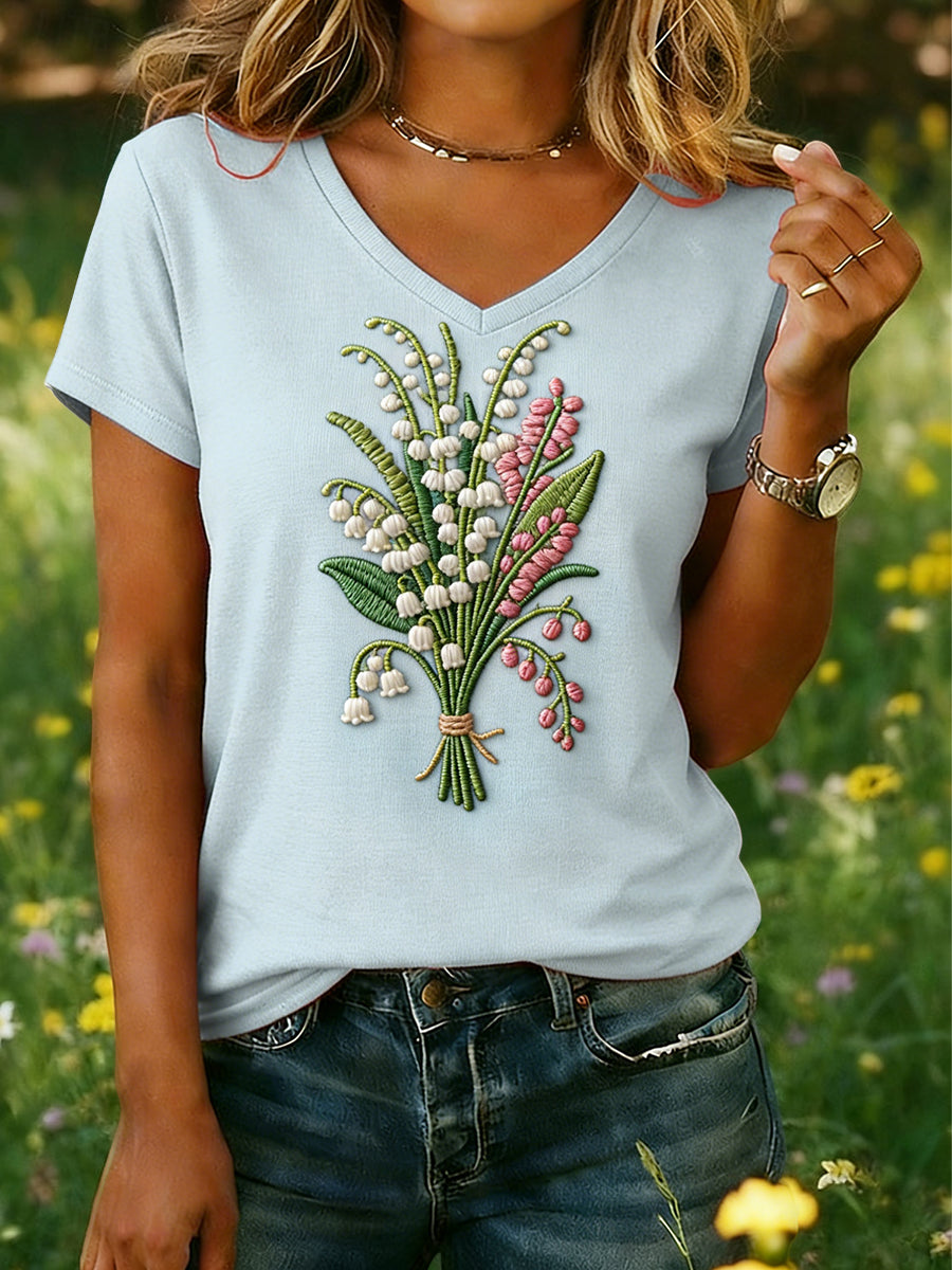Femmes Vintage Lily of the Valley Floral Art Casual T-shirt