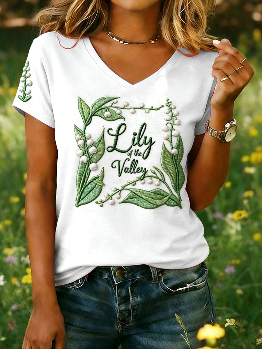 Vintage Abstract Lily of the Valley Floral Art Casual T-Shirt Femme