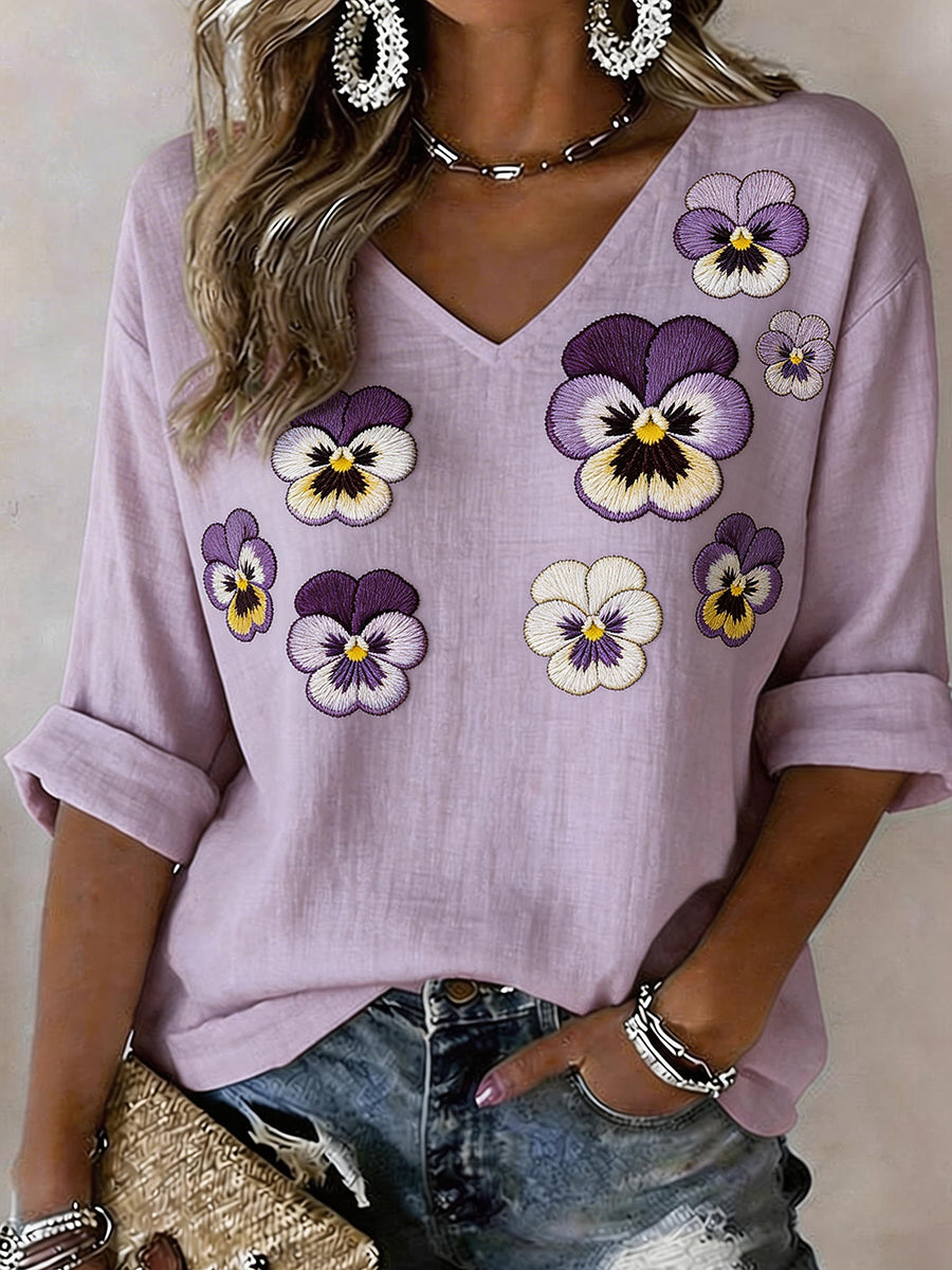 Chemise pour femme en mélange de lin, motif brodé floral pensée