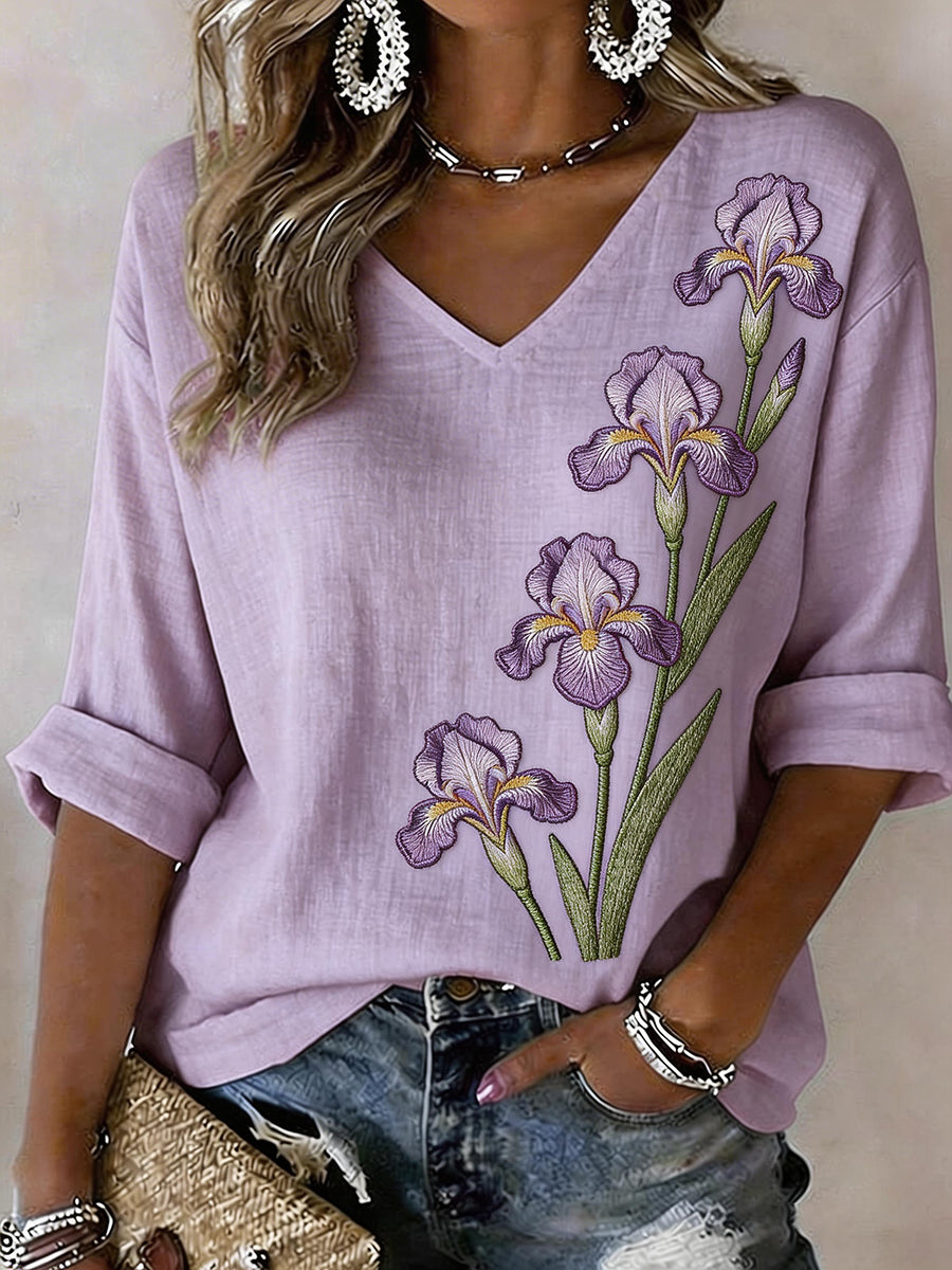 Chemise en mélange de lin à motif de broderie en fleurs d'iris pour femme