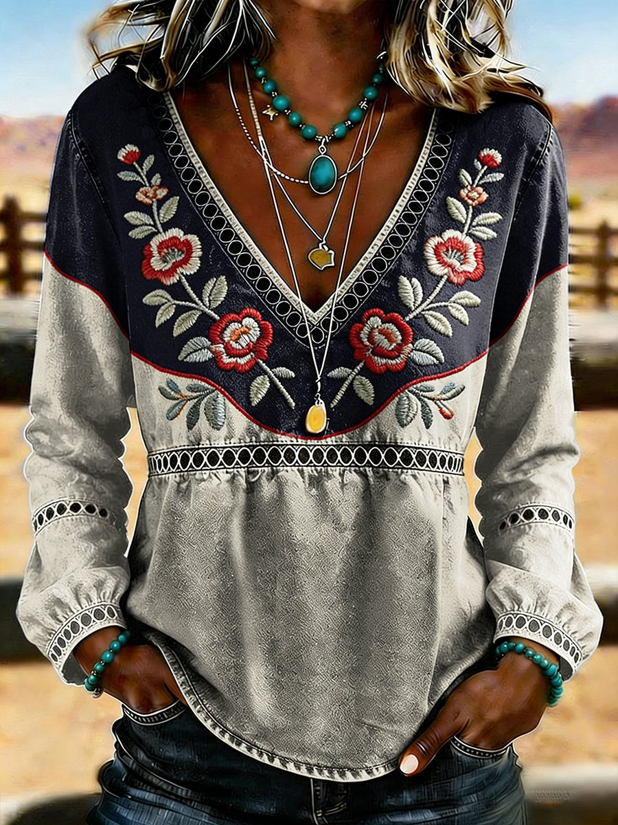 T-shirt décontracté pour femme, style western vintage, imprimé floral, col en V