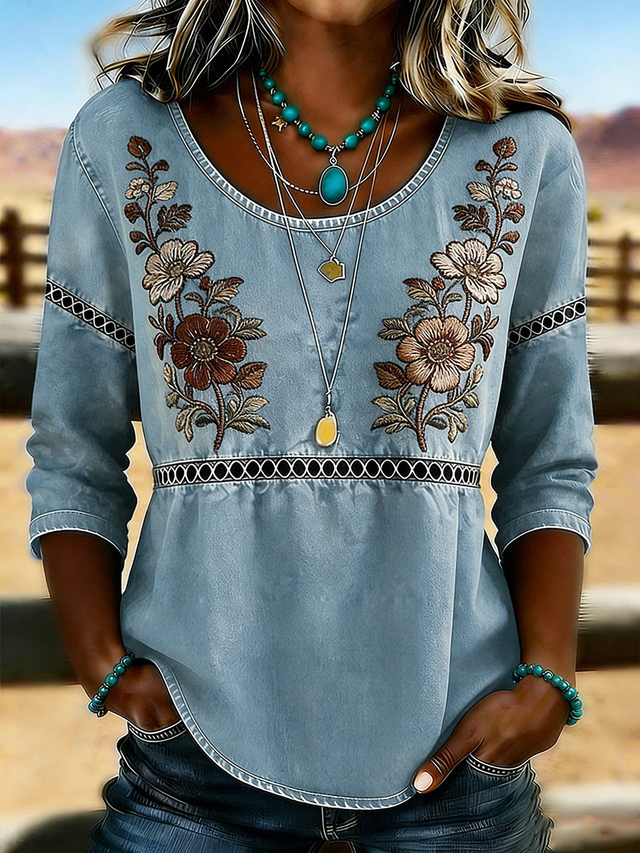 Femmes Western Vintage Floral Print Casual O-Neck Top