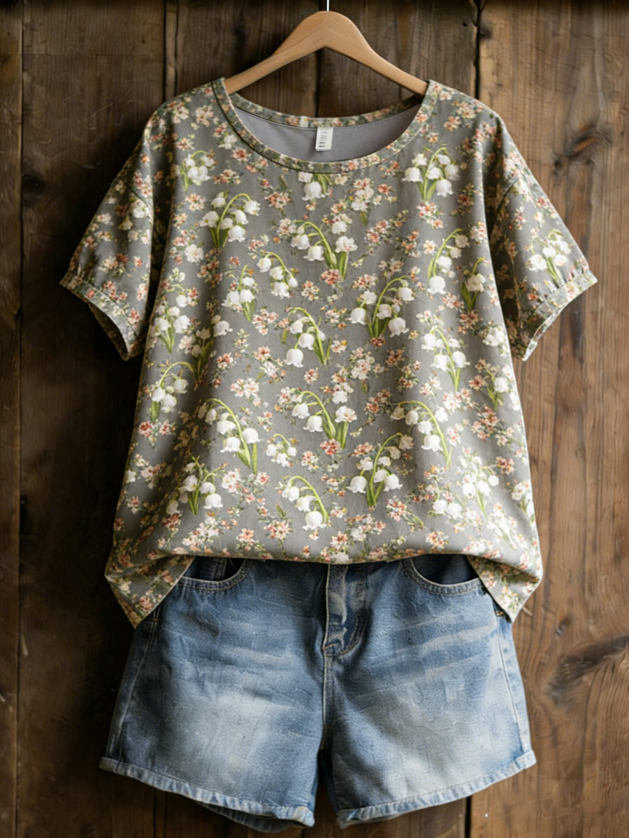 T-shirt décontracté pour femmes avec imprimé plantes et fleurs