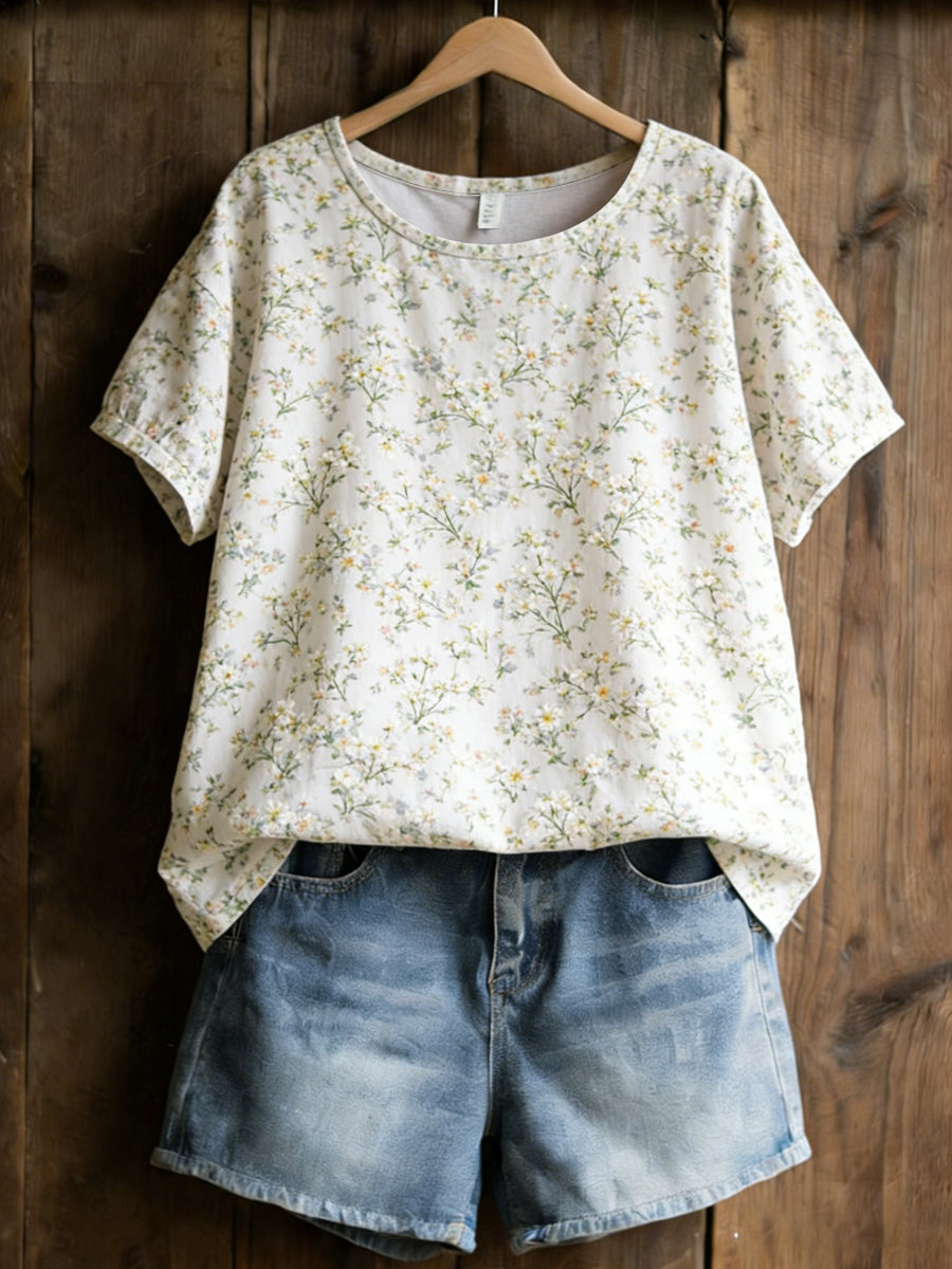 T-shirt décontracté pour femmes avec imprimé plantes et fleurs
