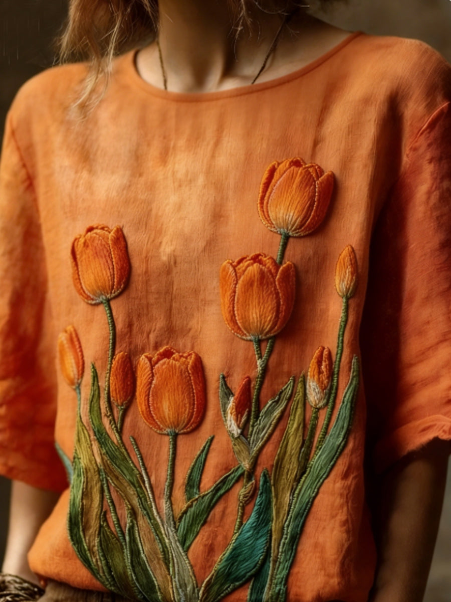 Chemise décontractée en lin fluide brodée pour femme
