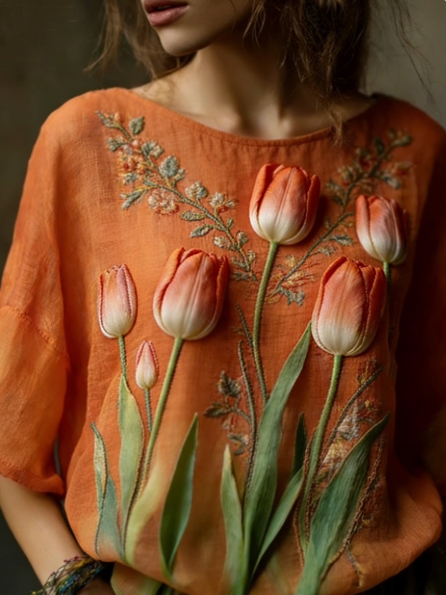 Chemise décontractée en lin fluide brodée pour femme