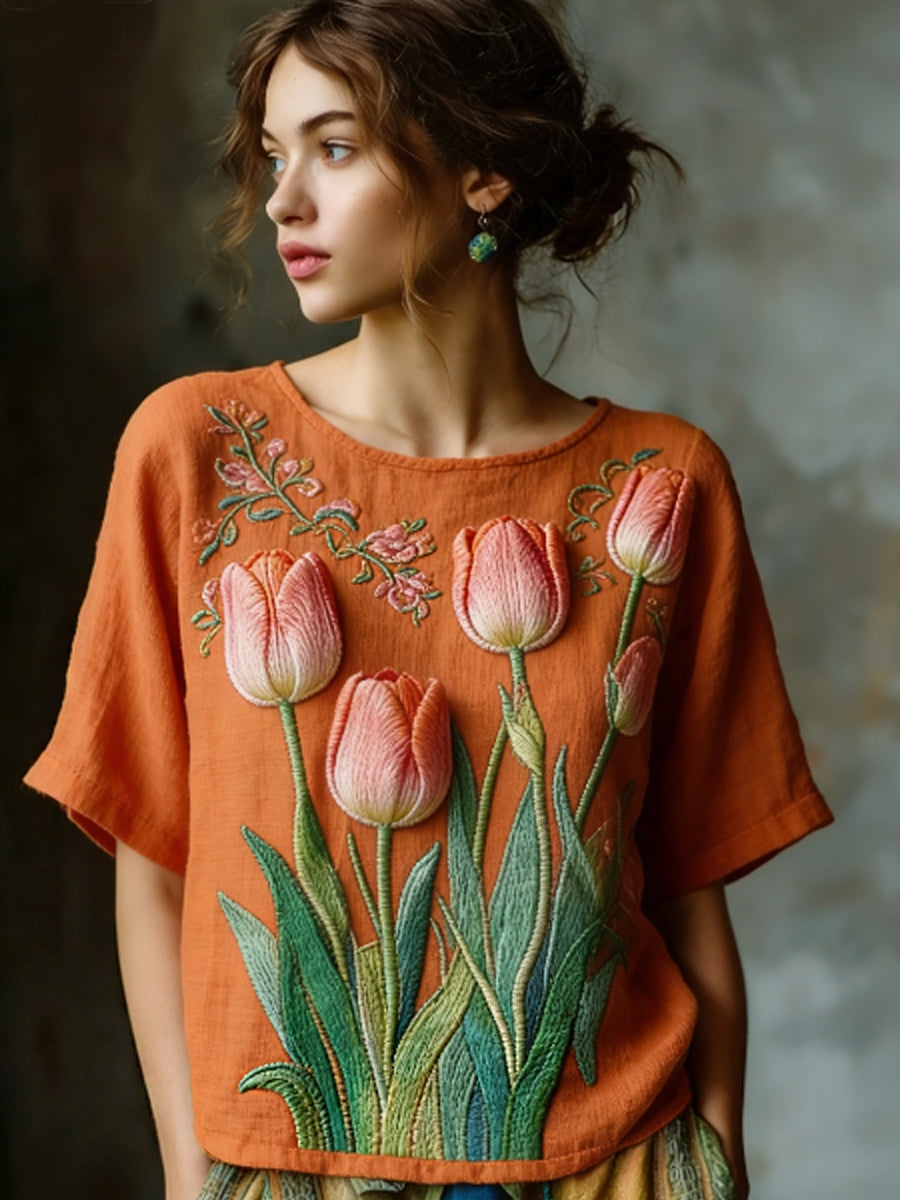 Chemise décontractée en lin brodé Flowy pour femmes