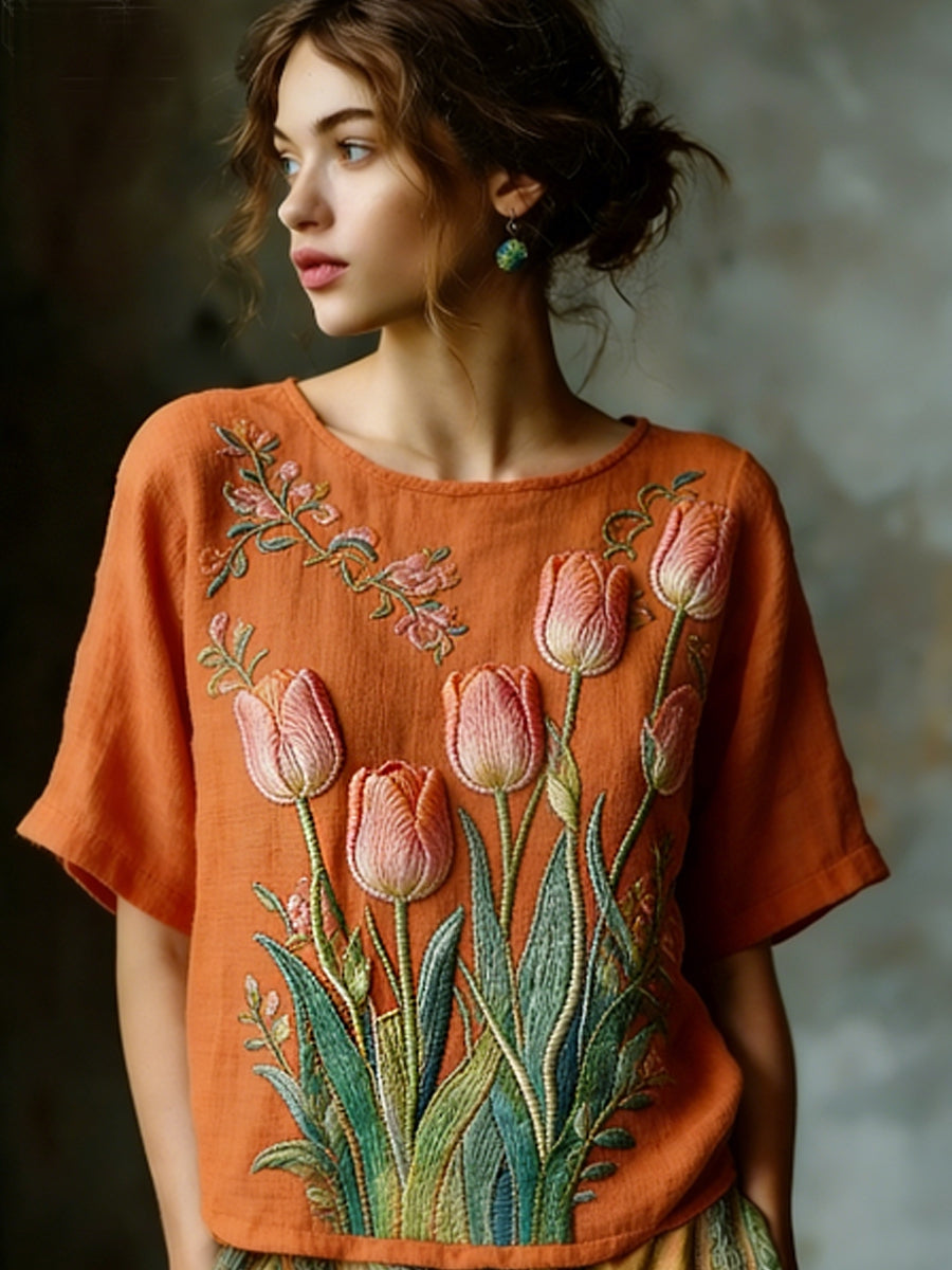 Chemise décontractée en lin brodé Flowy pour femmes