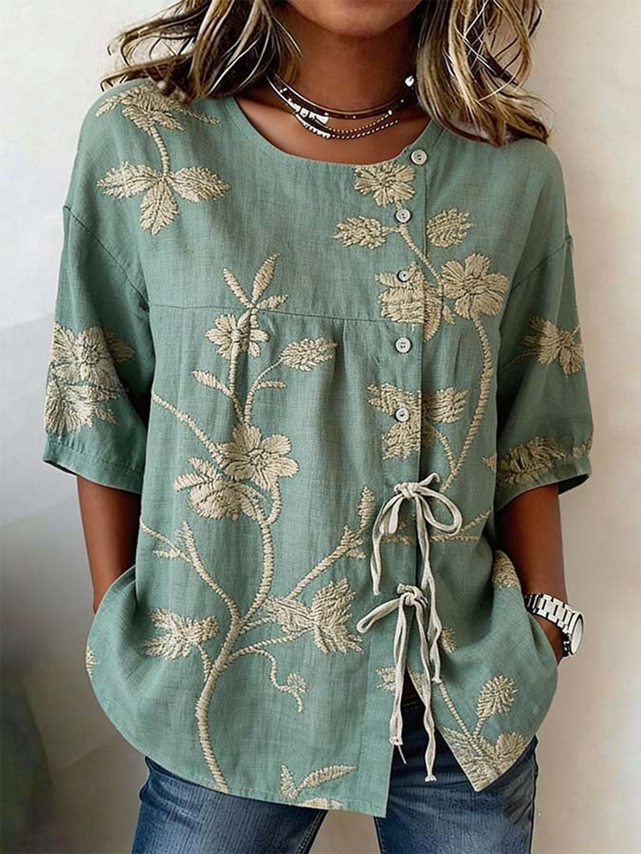 Chemise pour femme en mélange de lin, à boutons et à lacets, motifs plantes et fleurs