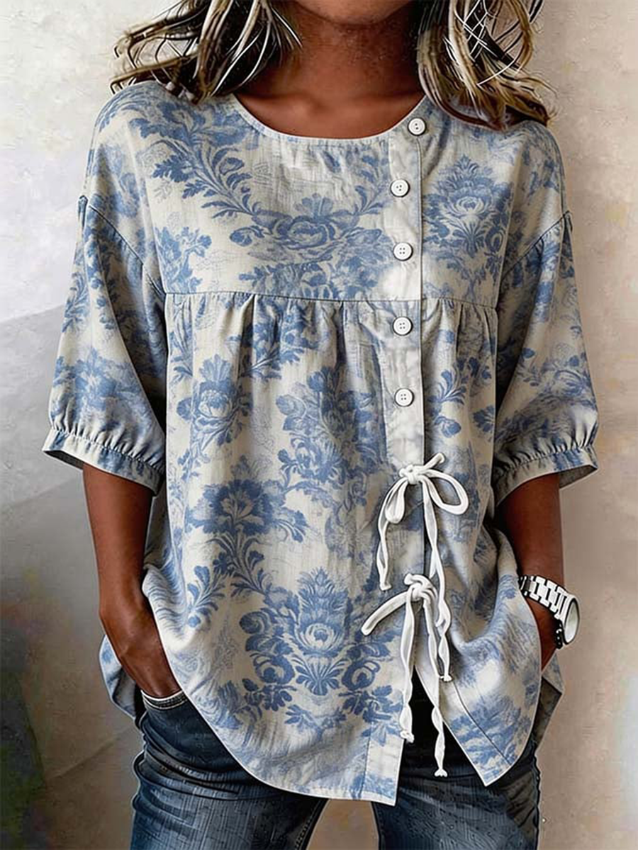 Chemise pour femme en mélange de lin, à fleurs, boutonnée et lacée