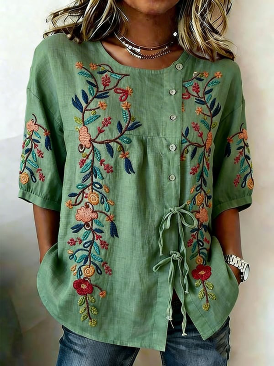 Chemise Femme Boutonnée Et Lacée Plantes Et Fleurs En Lin Mélangé