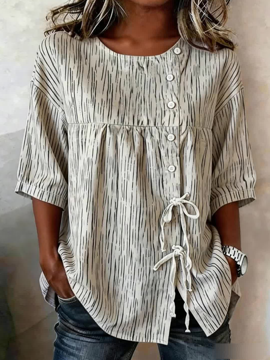 Chemise Femme En Mélange De Lin Boutonnée Et Lacée À Rayures Plantes Et Fleurs