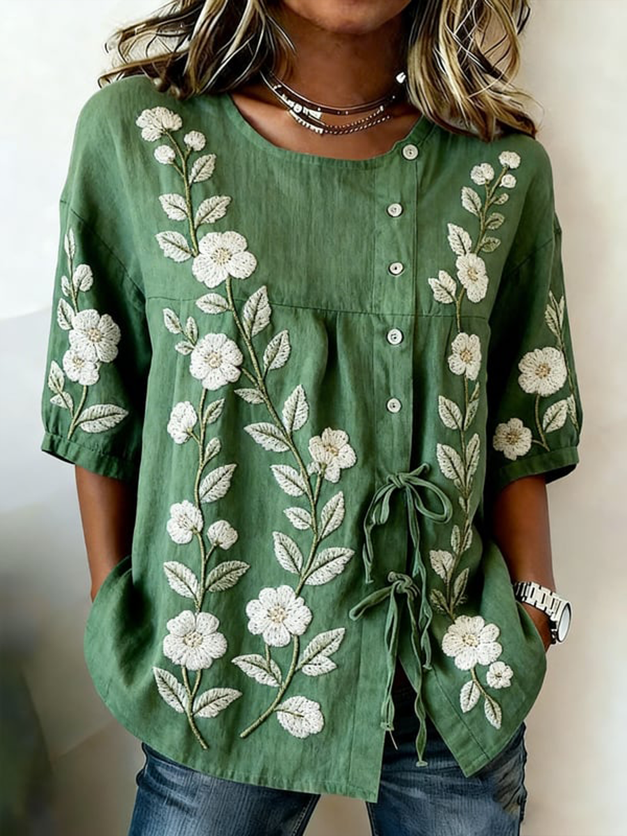 Chemise Femme Boutonnée Et Lacée Plantes Et Fleurs En Lin Mélangé