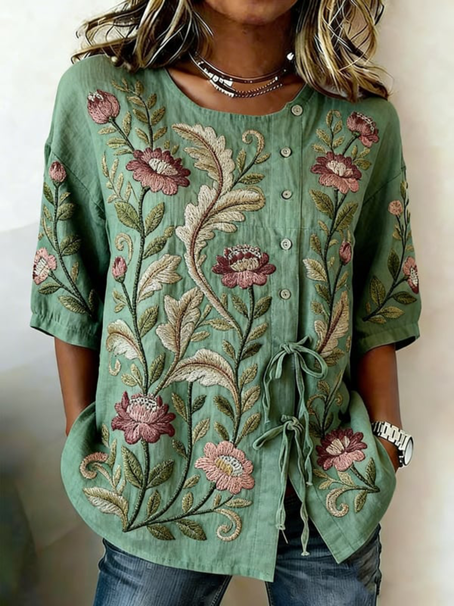 Chemise pour femme en mélange de lin, à boutons et à lacets, motifs plantes et fleurs