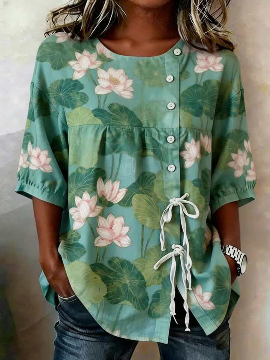 Chemise pour femme en mélange de lin, à boutons et à lacets, motifs plantes et fleurs
