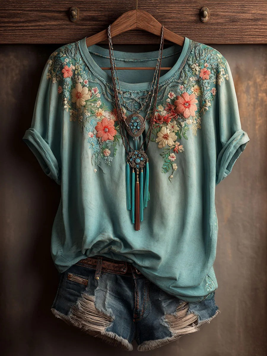 T-shirt décontracté pour femmes, style vintage, imprimé floral artistique, manches courtes