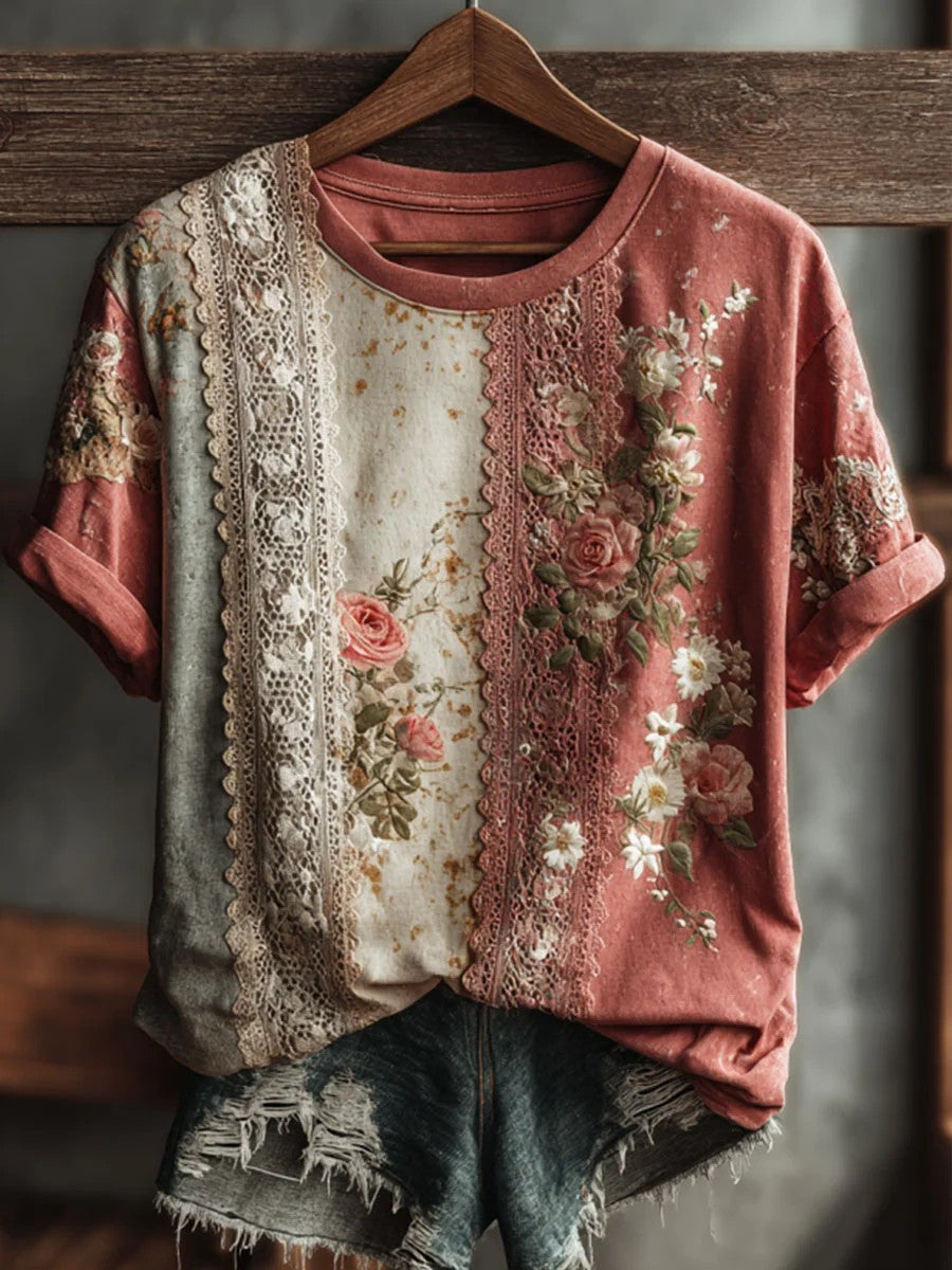 T-shirt décontracté pour femmes, style vintage, imprimé floral artistique, manches courtes