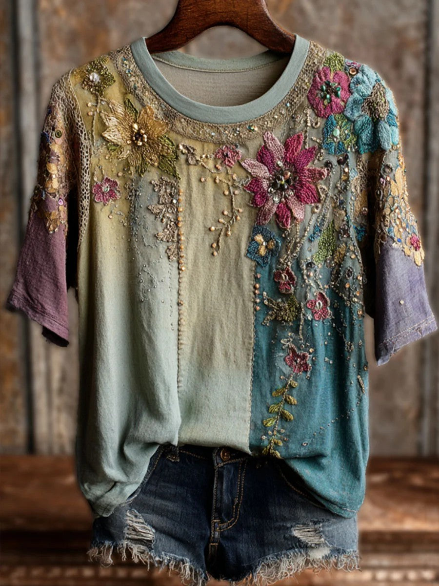 Vintage Floral Art Print Casual T-shirt à manches courtes pour femmes
