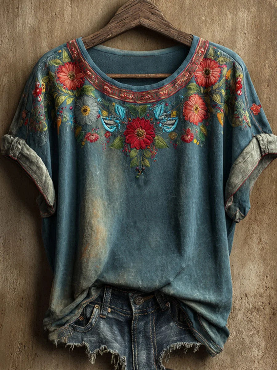 Vintage Floral Art Print Casual T-shirt à manches courtes pour femmes