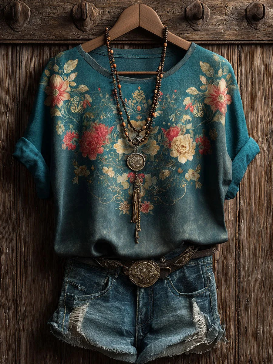Vintage Floral Art Print Casual T-shirt à manches courtes pour femmes