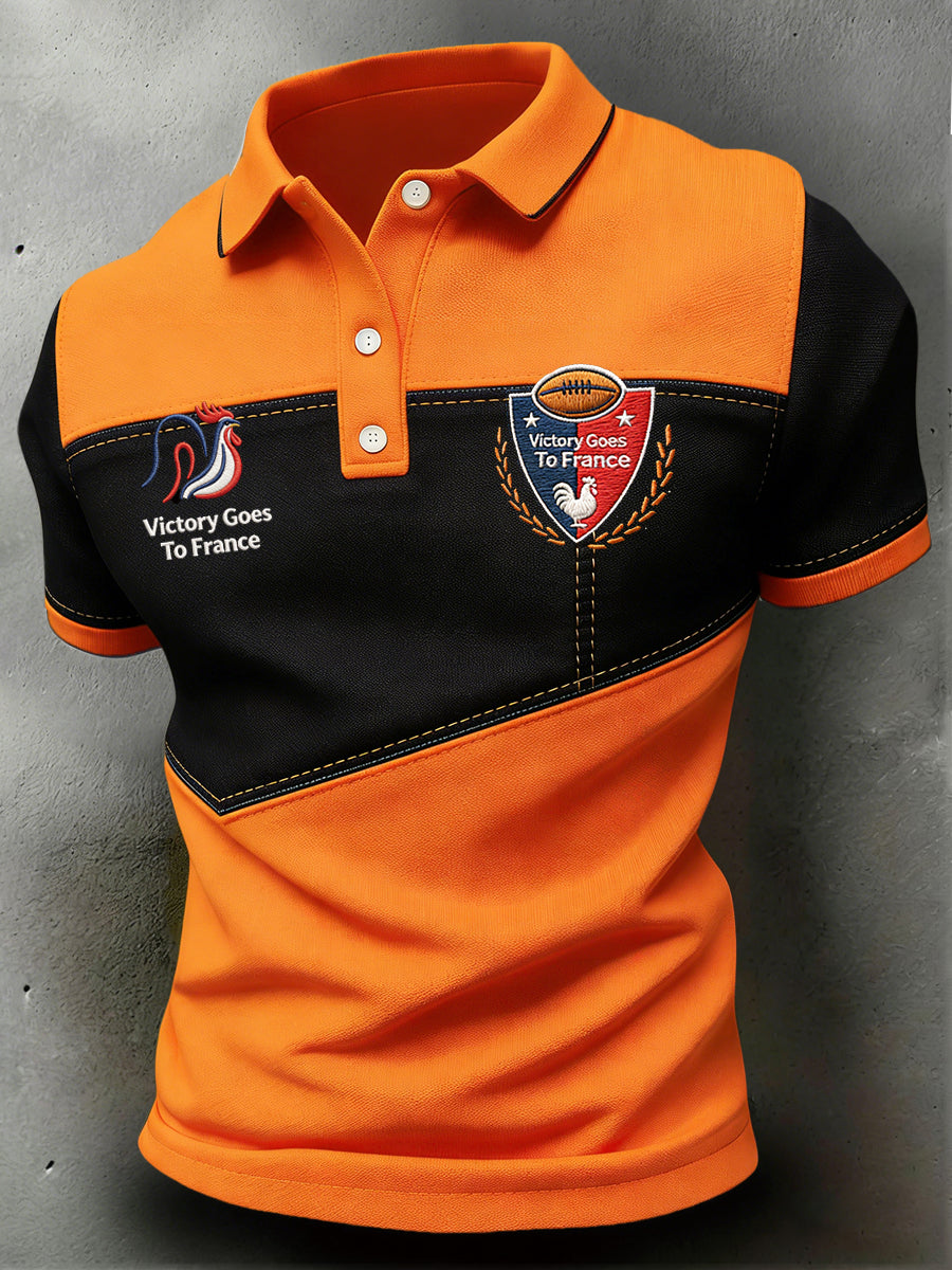 Polo décontracté patchwork à imprimé de rugby français pour hommes