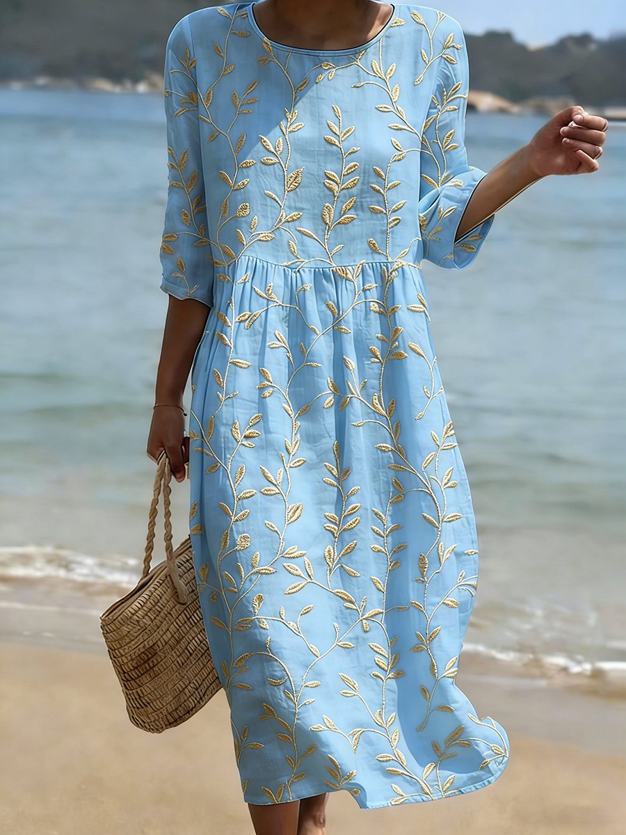 Plante et fleur Imprimer col rond mélange lin mi-longueur robe des femmes
