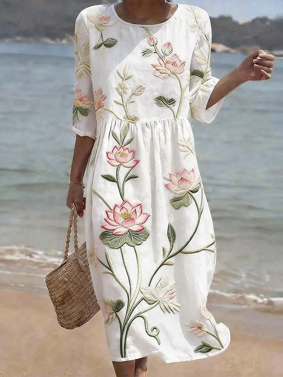 Robe en mélange de lin à motif floral pour femmes