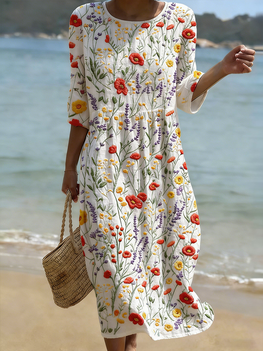 Plante et fleur Imprimer col rond mélange lin mi-longueur robe des femmes