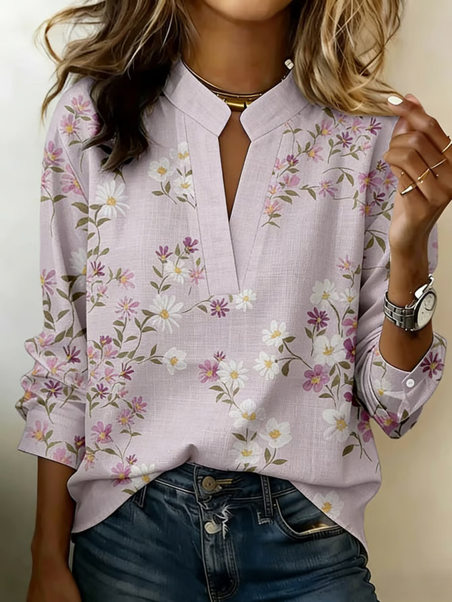 Chemise pour femme en mélange de lin à motif floral et col en V
