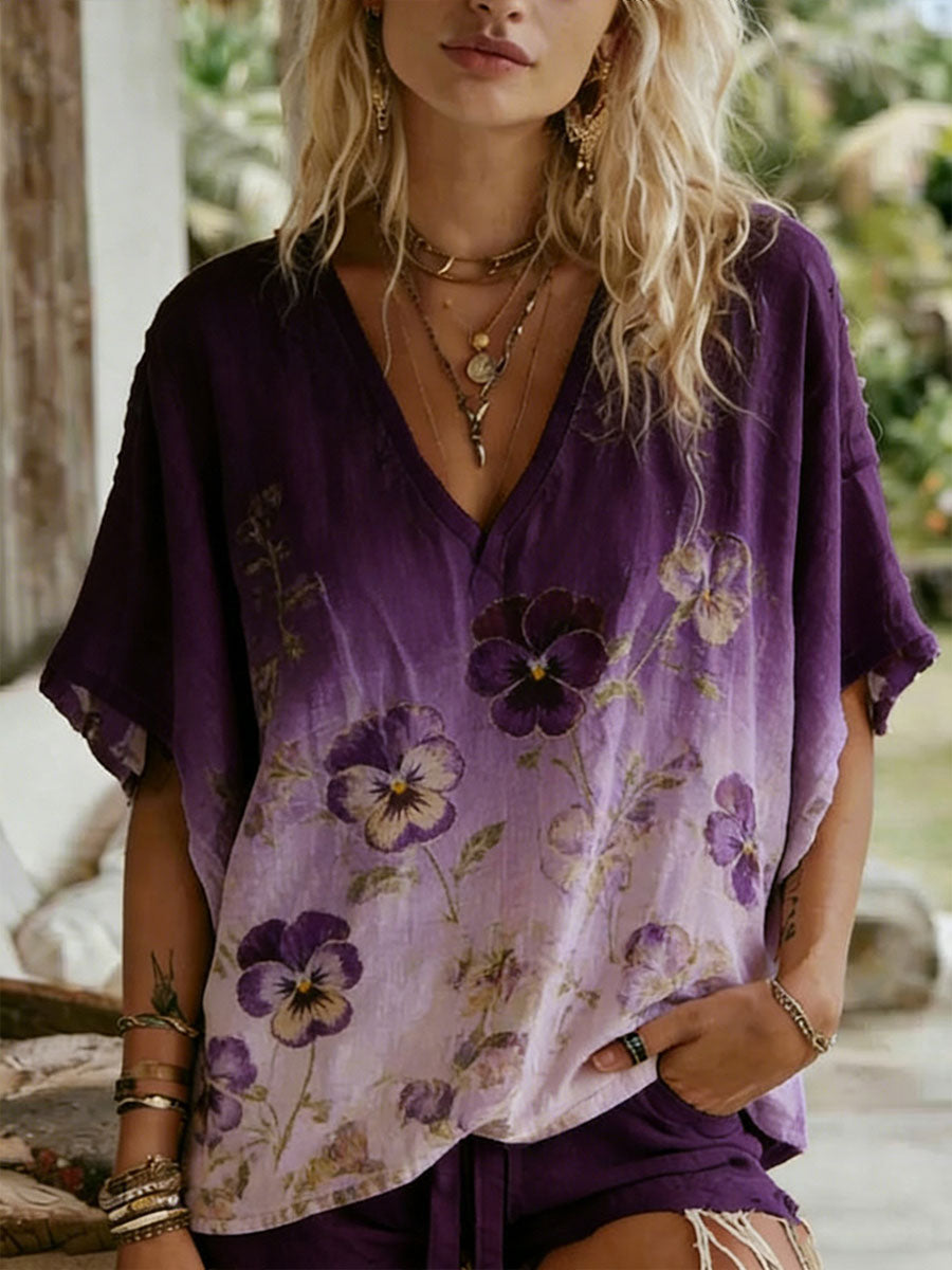 T-shirt décontracté pour femme avec impression artistique florale