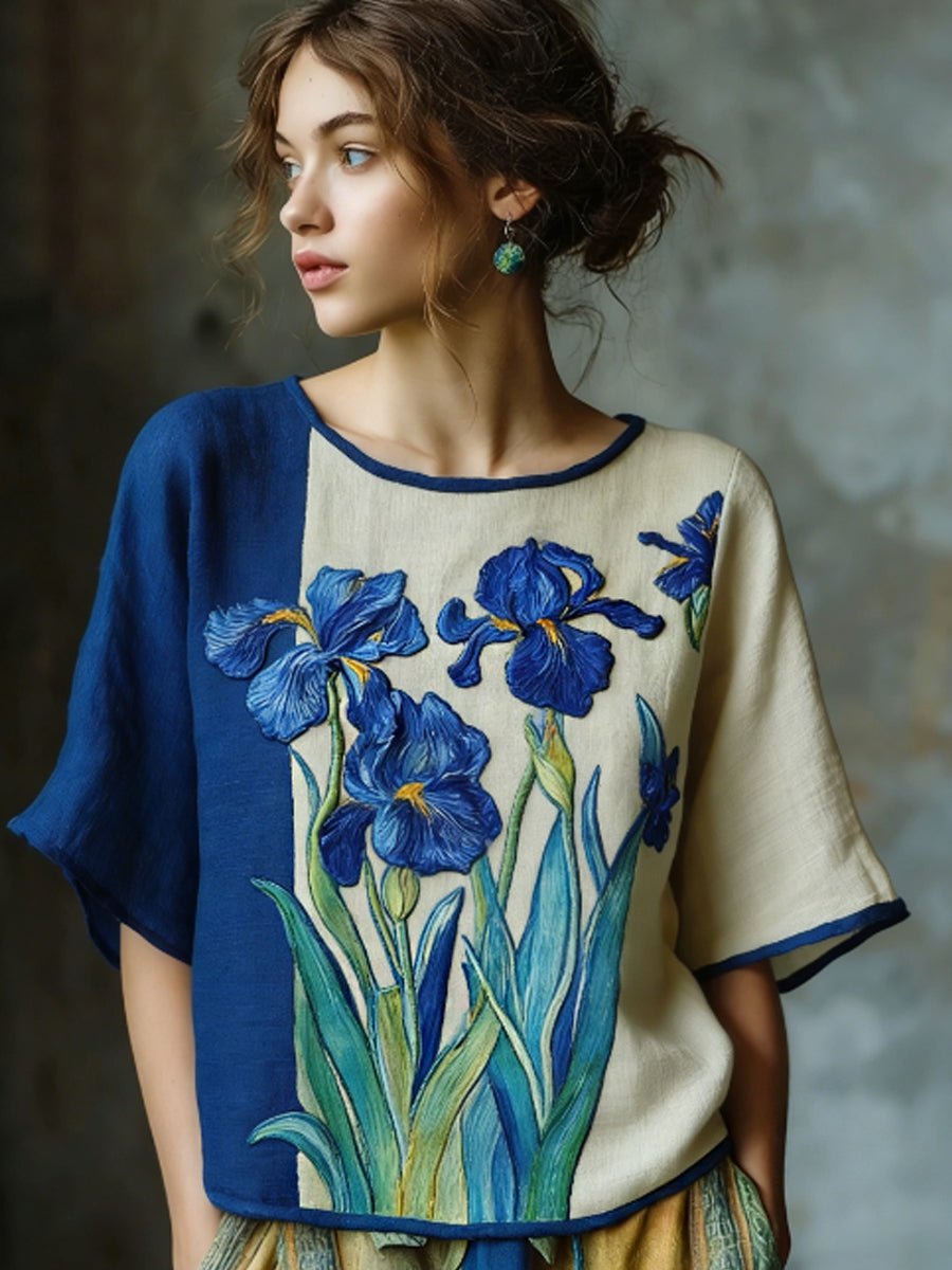 Chemise décontractée en lin fluide brodée d’iris, inspirée d’une peinture à l’huile, pour femme