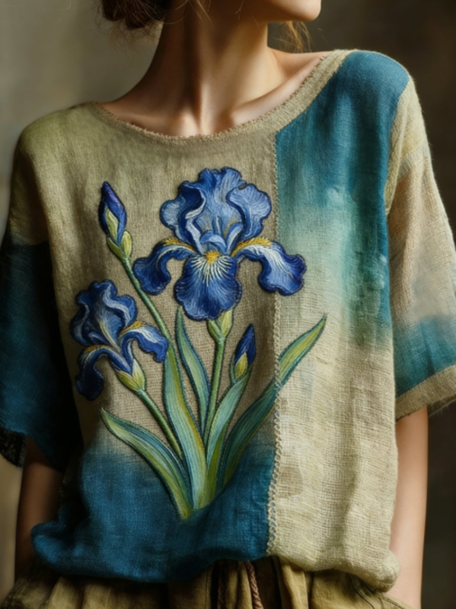 Peinture à l'huile des femmes a inspiré la chemise occasionnelle de lin Flowy brodée par iris