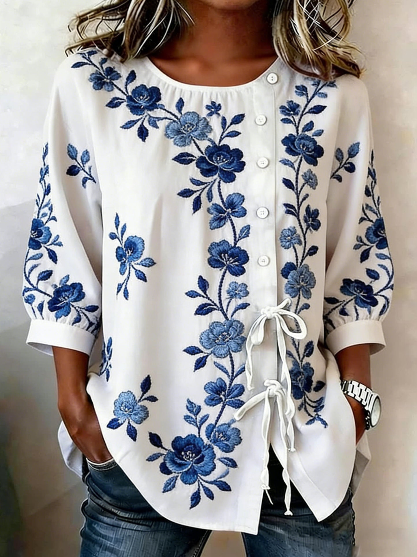 Chemise florale à boutons en mélange de lin pour femme