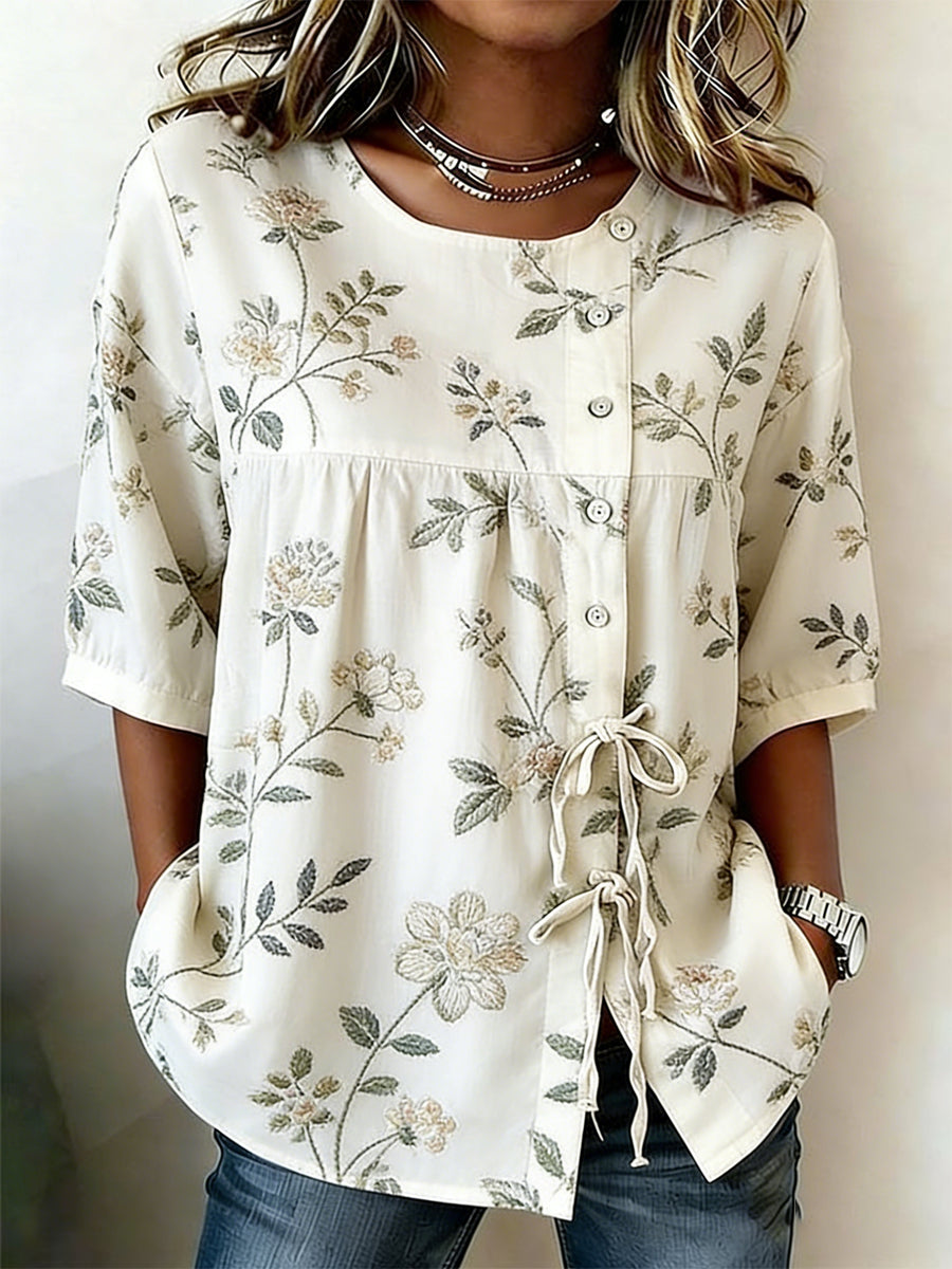 Chemise pour femme en mélange de lin, à boutons, motifs plantes et fleurs
