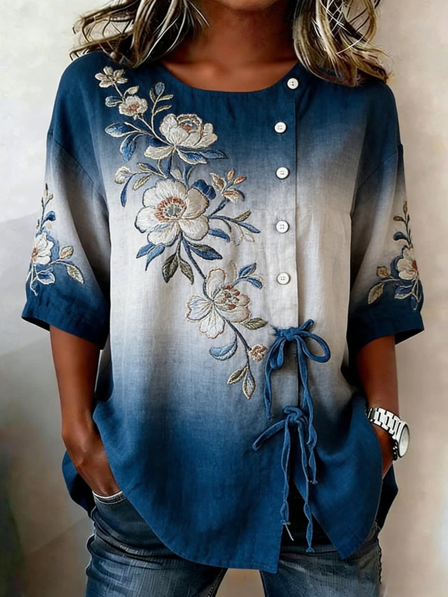 Chemise florale à boutons en mélange de lin pour femme